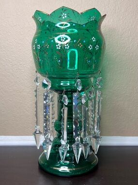 Antique Late 1800s Victorian Bohemian Glass Lustre Form, Emerald Green, Mantle